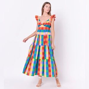 English Factory Printed Multi Check Shirred Maxi Dress in size Large. NEVER WORN